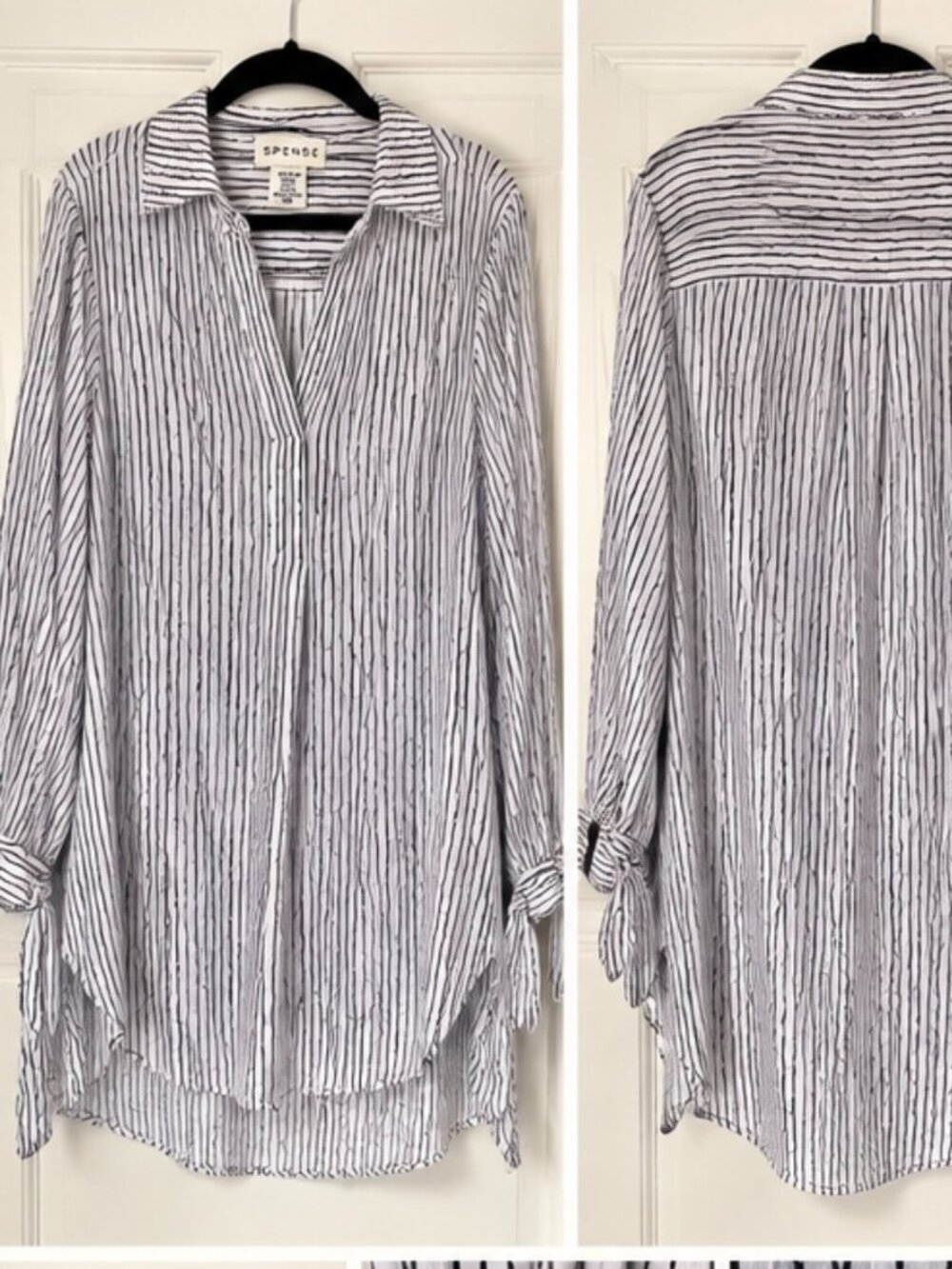 Spense Black & White Striped Tunic Blouse Tie Cuff Long Sleeve